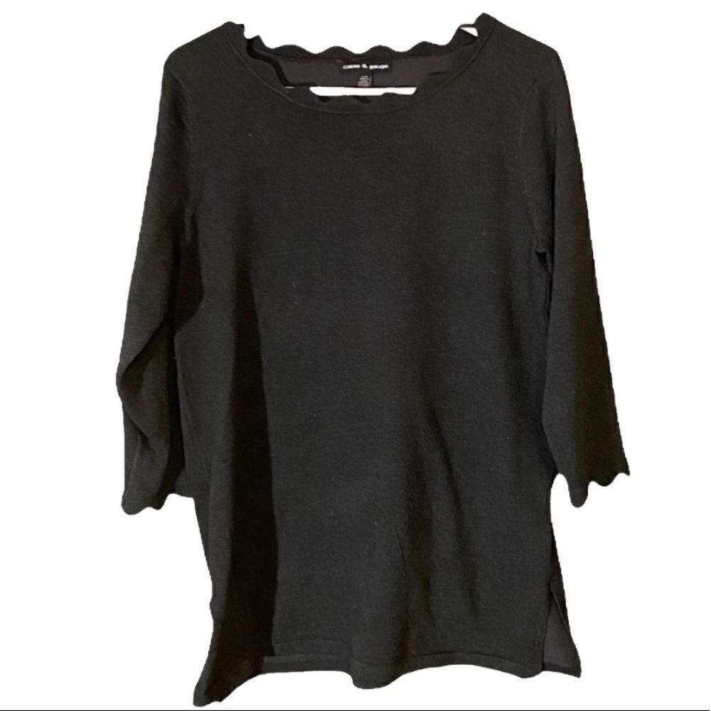 Cable & Gauge Pullover Scalloped Edge Neckline 3/4 Sleeve Size Large